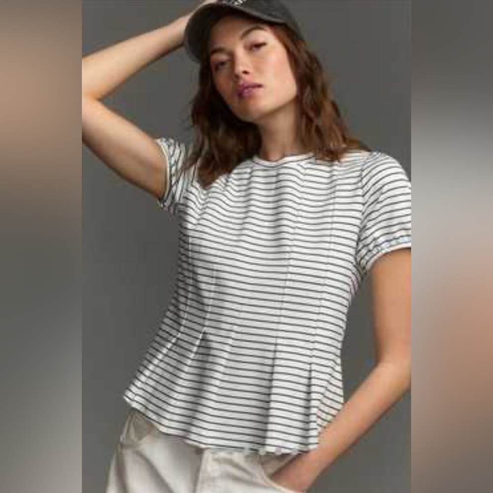 Anthropologie NWT Corset Peplum White Top Preppy Stripes Size XS‎